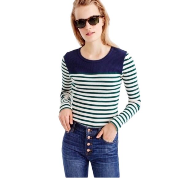 J. Crew -1810 Stripe Ribbed Crew Neck T-Shirt Contrast Long Sleeve Green Navy  M - Picture 1 of 9